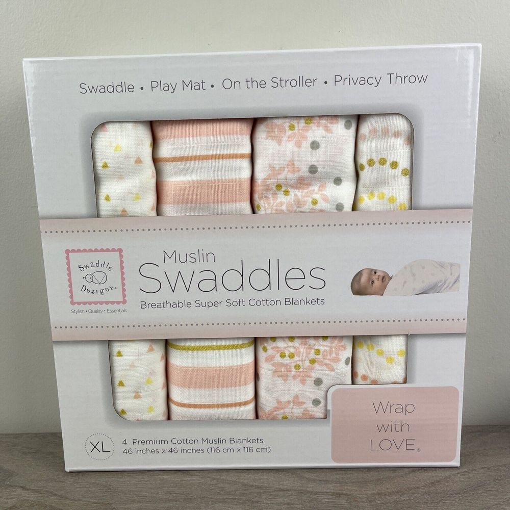 SwaddleDesigns Cotton Muslin Swaddle Blankets, Set of 4, Pink Heavenly Floral